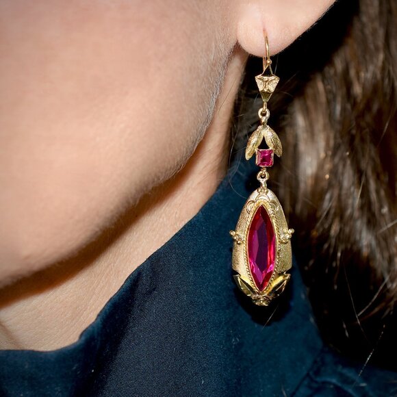 16k Solid Gold Victorian Inspired Marquises Earrings/Danglers - Picture 5 of 7